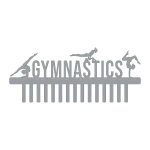 A laser-cut steel medal holder with the word 'GYMNASTICS' and three female gymnast silhouettes on top, featuring 15 hooks for medals.